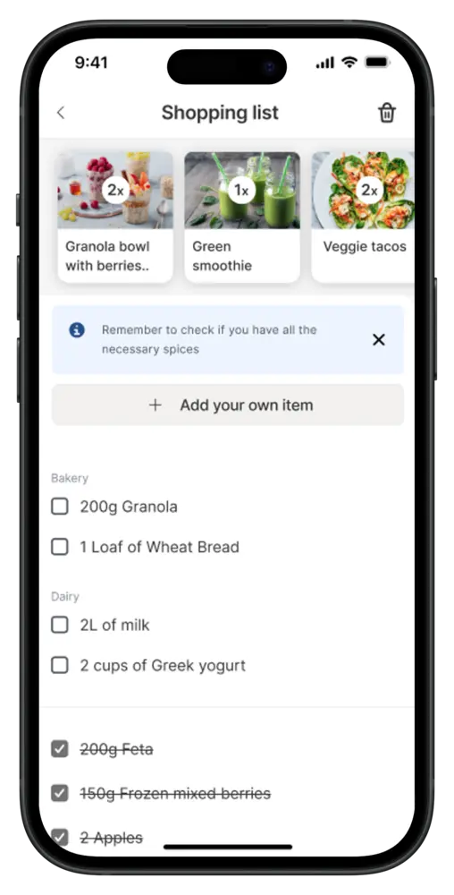 App screen showing a shopping list