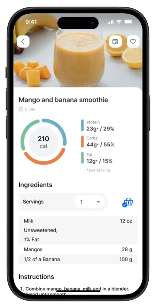 App screen showing a recipe with calories and macros