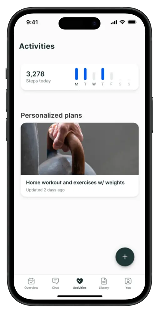 App activities screen with personalised plans