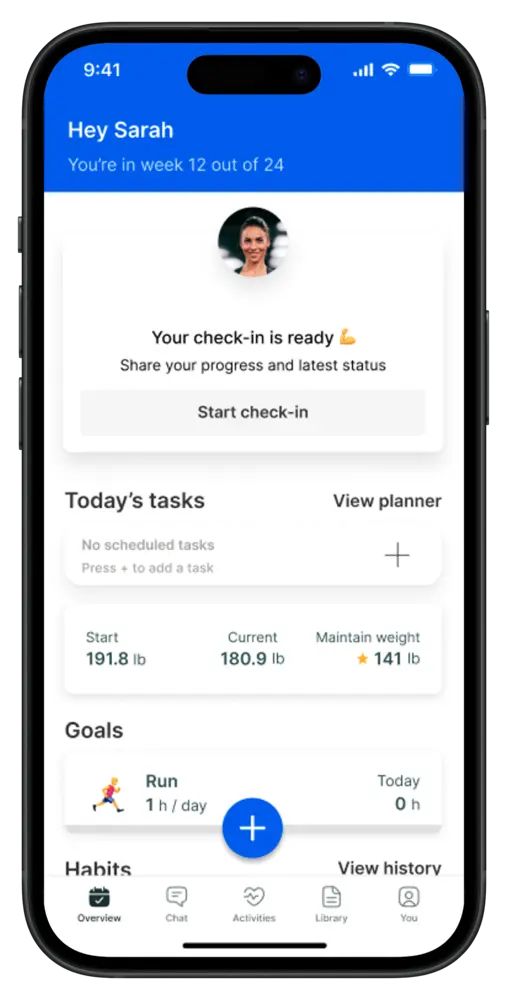 App home screen with a weekly check-in ready